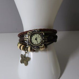 QUARTZ WATCH BOHO VINTAGE LEATHER WITH BEADS/BUTTERFLY CHARM